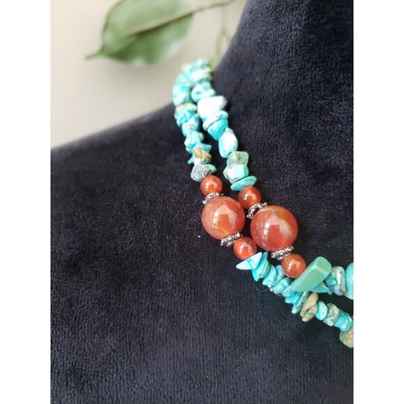 Womens Fashion 2 Strand Blue Magnesite Turquoise Coral Beads Necklace w/ Lobster - Picture 5 of 6